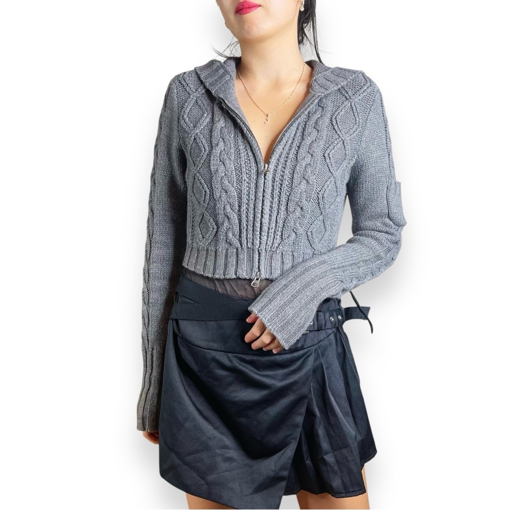 Vtg Y2K Empyre Cable Knit Crop Hooded Sweater Size M